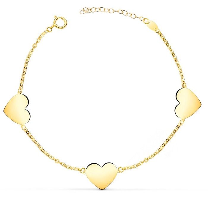 Bracelet en or 18 carats pour femme 18 cm. Trois cœurs lisses et brillants 12 x 10 mm. Bracelet en or 18 carats pour femme 18 cm. Trois cœurs lisses et brillants 12 x 10 mm.