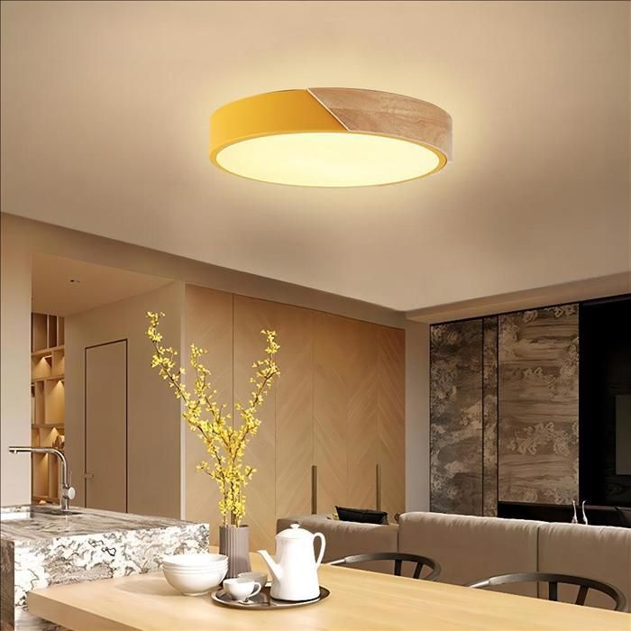 WOTTES Plafonnier en Bois Rond - LED Plafond Luminaire Moderne Pour Salon Chambre Couloir Cuisine - 30*30CM - Jaune - Blanc Chaud