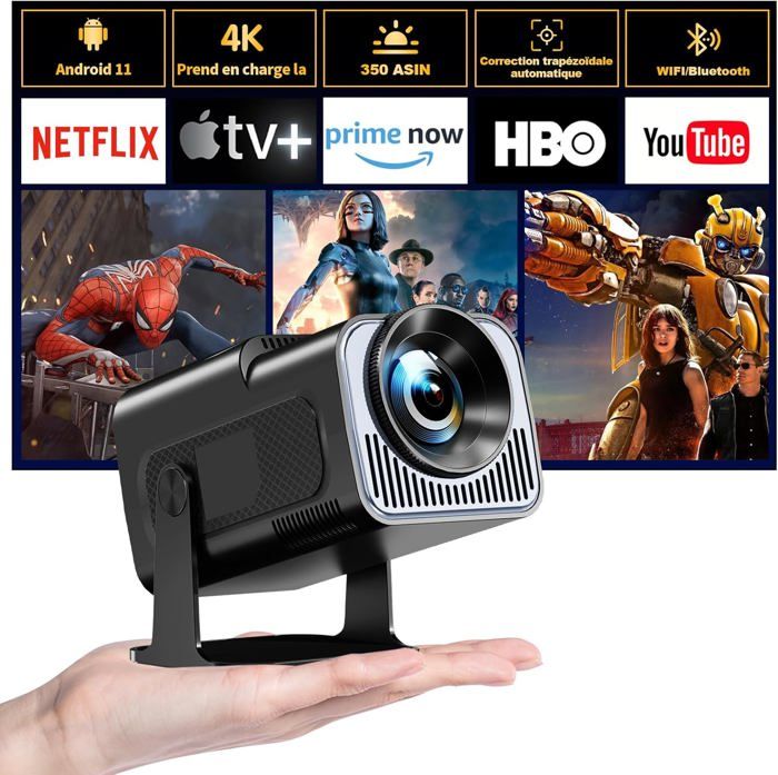 Vidéoprojecteur HIPPUS 4K WiFi 6 - 15000 Lumens, Android 11, 130 Pouces - Portable Et 270° Rotatable
