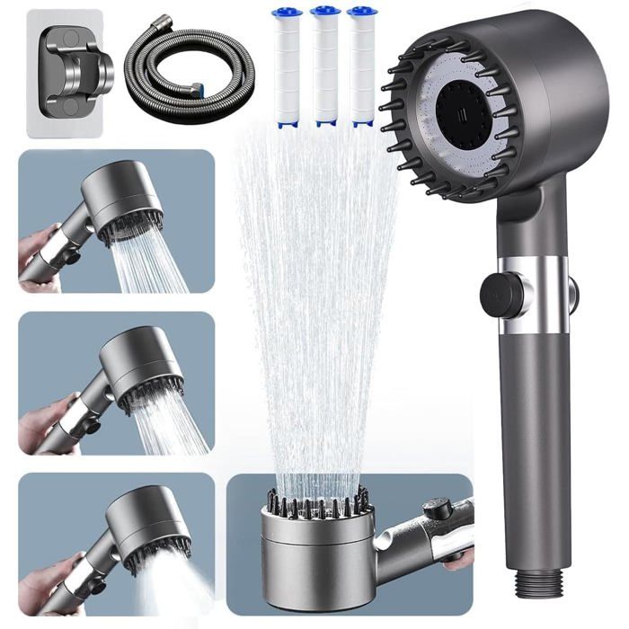 Pommeau douche haute pression - filtre anti-calcaire 4 modes bouton arrêt tuyau 1.5m gris