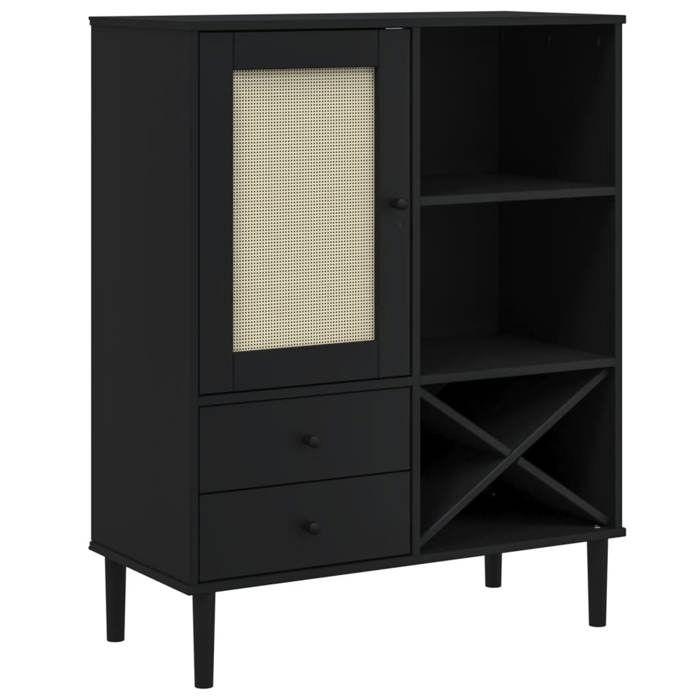 RabaisBuffet - CLARENCE - Commode/Buffet de cuisine SENJA aspect rotin noir 90x40x112cm - Bois massif de pin NEU3672