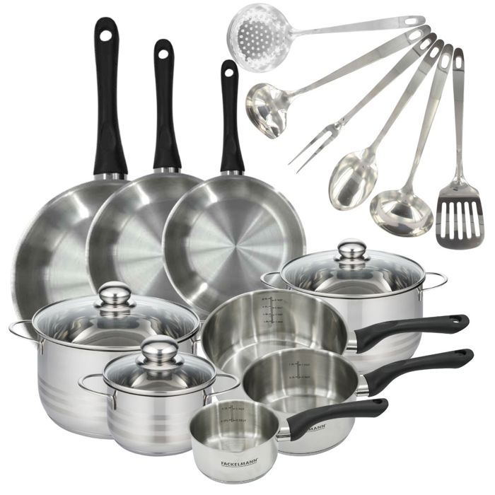 Set 3 poêles 20 24 28 cm 3 casseroles 12 16 20 cm 3 faitouts 16 20 et 24 cm en inox et 6 ustensiles inox Fackelmann Geneva