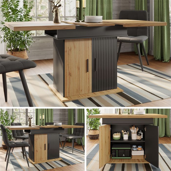 Table a Manger Extensible Table de Cuisine 4 à 6 PersonnesTable Salle a Manger avec RangementNoir et Bois Naturel110-140×80cm