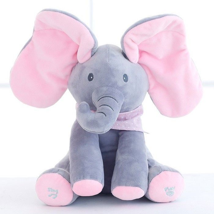 Peluche interactive - ULISEM - Éléphant - Bouge parle et chante - 30 cm - Gris et rose