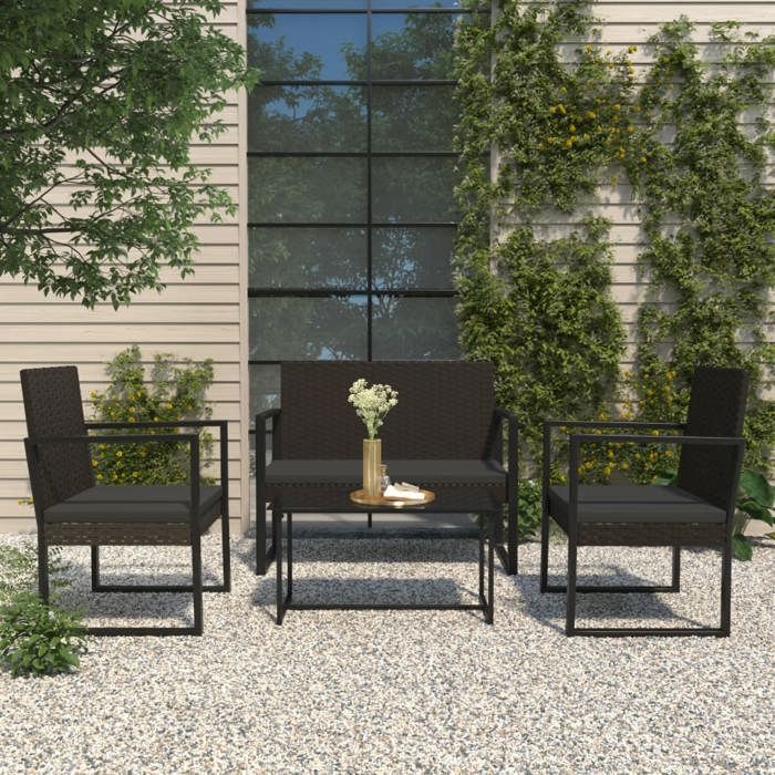 Banc de jardin en résine tressée - VIDAXL - 106x57x745 cm - Noir - Coussins inclus - Résine tressée