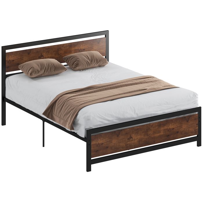 Cadre de lit double - HOMCOM - avec sommier et tête de lit - compatible matelas 200 x 160 cm - en acier - aspect bois foncé Cadre de lit double - HOMCOM - avec sommier et tête de lit - compatible matelas 200 x 160 cm - en acier - aspect bois foncé