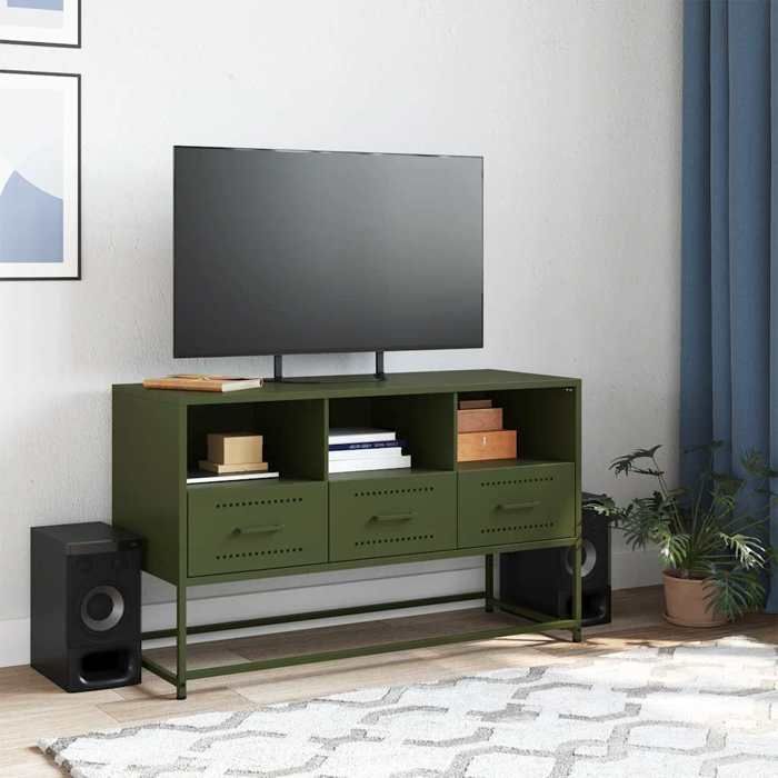 Meuble TV industriel - vidaXL - Vert olive - Acier - 1005x39x605 cm - 3 compartiments ouverts - 3 tiroirs