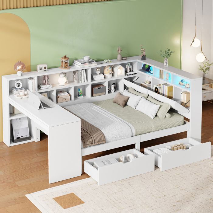 Lit Banquette en L 140x200 cm avec Bureau Bibliothèque et Tiroirs Tête de Lit Rembourrée avec LED et USB Sommier à Lattes Blanc