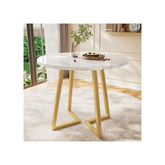Table à manger ronde (1 pièce) Table de cuisine Cadre métallique unique Table à manger en marbre moderne Salon Blanc/Or