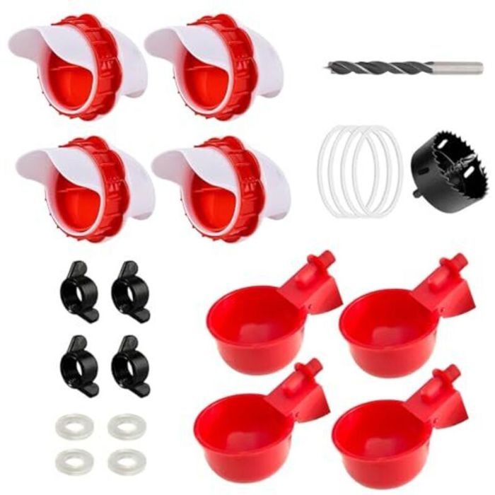 Lot de 4 mangeoires automatiques pour poules avec 4 abreuvoirs automatiques sans déchets - Distributeur de nourriture pour poules -