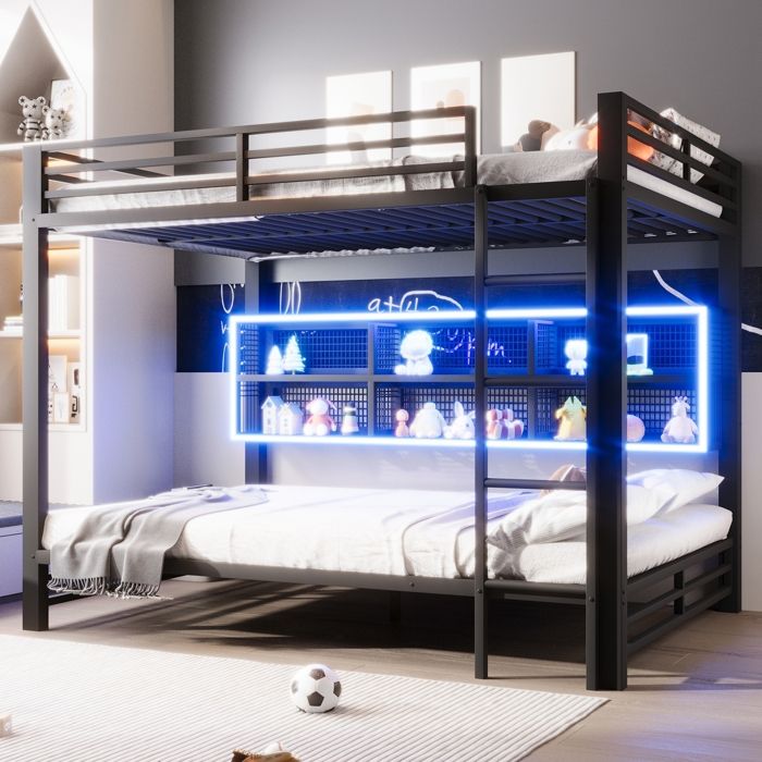 Lit Superposé Enfant avec LED 140x200cm Lit Mezzanine 2 Places avec Escalier et Armoires de Rangement Lit Double Enfant Noir