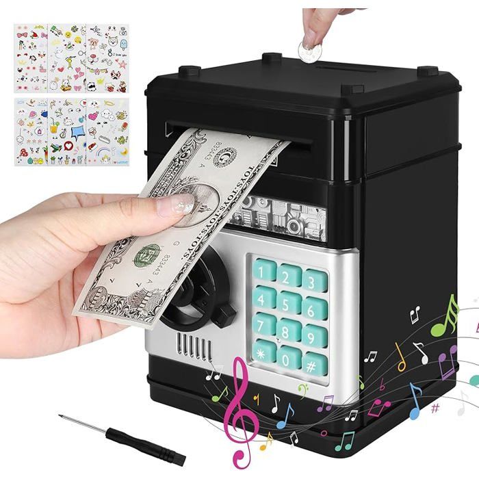 Tirelire électronique et numérique ATM avec mot de passe et billets acceptés 6 autocollants tournevis cadeau pour enfants