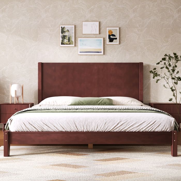 Lit adulte 160x200 cm avec tête de lit et sommier à lattes structure stable pour chambre bois brun
