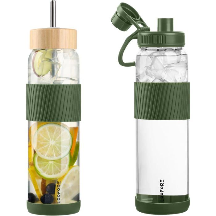 1 Litre/1L Bouteille deau en Verre et 2 Couvercles Gourde avec PailleTasse à Café avec Protecteur en Siliconesans BPALot de 1