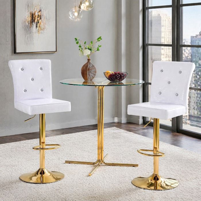 Chaise de bar vintage Lot de 2 réglable en hauteur avec repose-pieds et boutons cristal en PVC aspect crocodile blanc