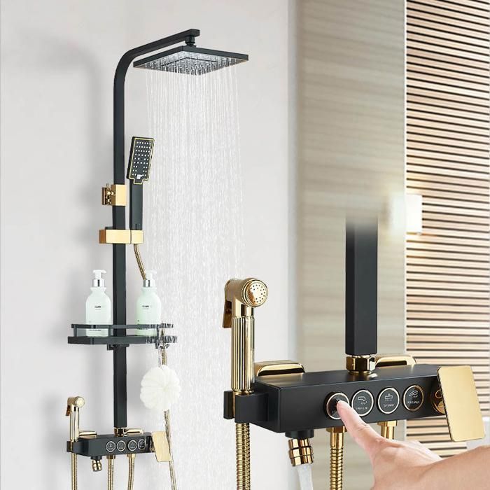 Colonne de douche noir et dorè Système de Douche Montage Mural avec 20cm 20cm Tête de Douche étagère 3 modes Douchette à Mains