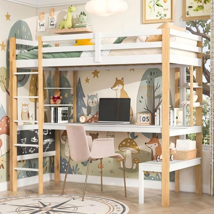 Lit mezzanine 90x200cm - Lit surélevé enfant avec bureau étagères et tableau noir - En Bois Massif - Blanc et Naturel