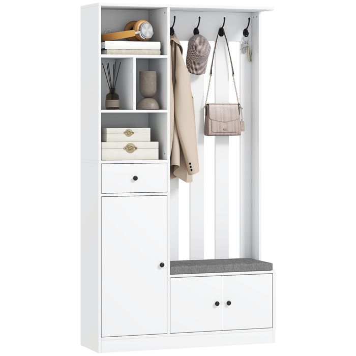 Vestiaire dentrée - HOMCOM - 4 en 1 - banc de rangement étagère réglable 4 crochets - MDF - 100x30x180cm - blanc Vestiaire dentrée - HOMCOM - 4 en 1 - banc de rangement étagère réglable 4 crochets - MDF - 100x30x180cm - blanc