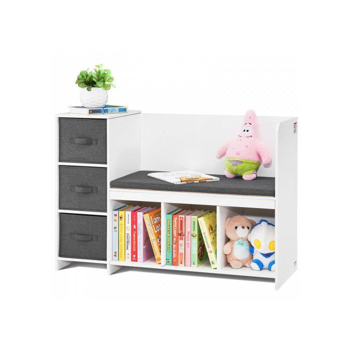 Banc Lecture Enfants Meuble Rangement Coussin Amovible Bibliothèque 6 Compartiments 3 Tiroirs Blanc