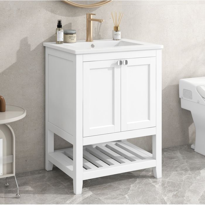 WOVREO meuble sous vasque 60 cm blanc avec vasque en céramique sur pied 2 portes et étagère basse