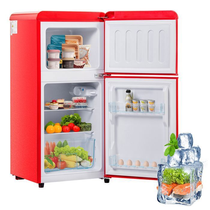 ELVORIN réfrigérateur double porte rétro 888 x 455 x 425 cm 60 L congélateur 22 L LED rouge