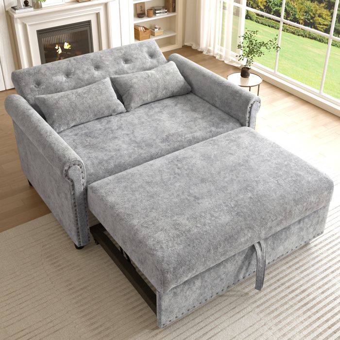 WUVRIE Canapé convertible 2 places 3 en 1 gris en chenille dossier réglable 3 positions 2 coussins
