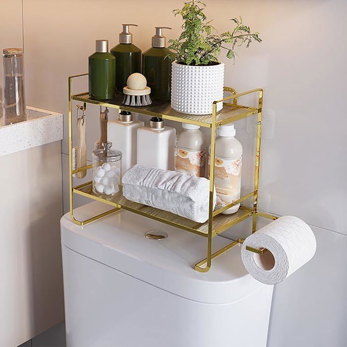 Étagère de rangement au-dessus des toilettes 2 niveaux – Métal robuste montage sans perçage–45x 16x 36cm– Or