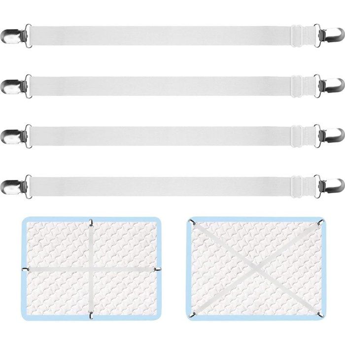 Attaches drap réglables 70-230 cm lot de 4 sangles élastiques blanches avec pinces pour lit et housse de canapé