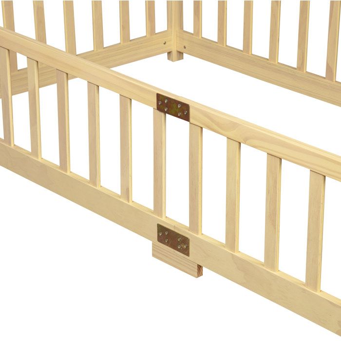WOVREO Lit au sol enfant 90 x 200 cm avec garde-corps ouverture centrale pin et contreplaqué bois naturel