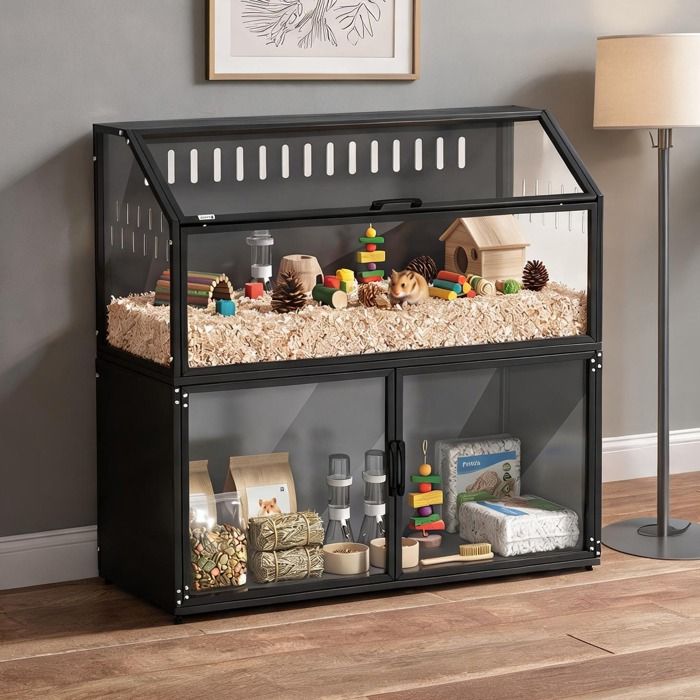 Cage pour rongeurs 2-en-1 avec armoire de rangement en acier et acrylique noir 104 x 41 x 102 cm