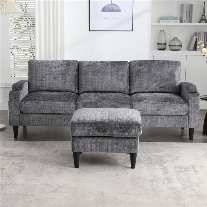 Canapé 4 places en velours doux avec rangement intégré pouf assorti accoudoirs rembourrés et supports pour boissons Canapé 4 places en velours doux avec rangement intégré pouf assorti accoudoirs rembourrés et supports pour boissons