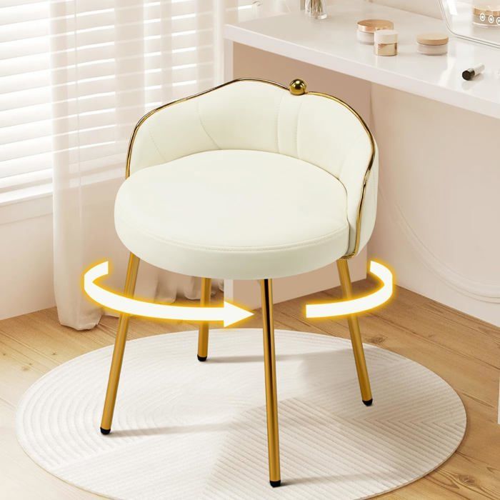Tabouret Coiffeuse Pivotant Cuir – Pouf Moderne Pieds Métal Doré – Chaise Rembourrée Beige pour Salon et Chambre – Confort Élégance