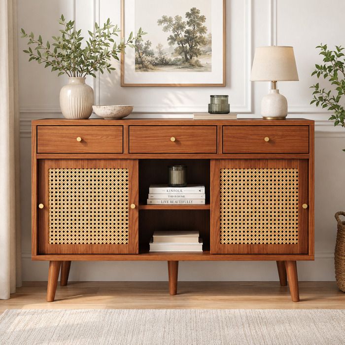 LEMONMAX Buffet Bas avec 3 Tiroirs 3 Portes Coulissantes Rotin Étagères Réglables en MDF Noyer 120 x 40 x 78 cm