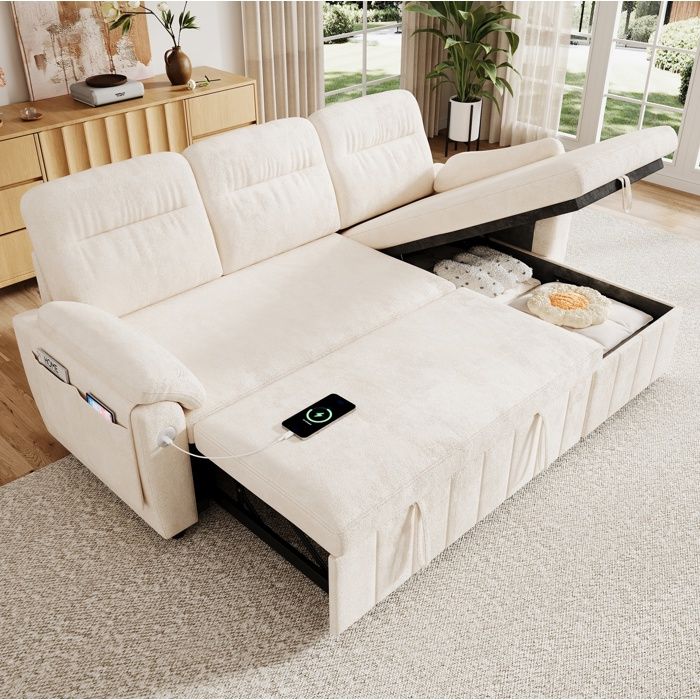 Canapé dangle convertible beige 208 x 131 x 88 cm réversible chaise longue coffre USB/Type-C chenille