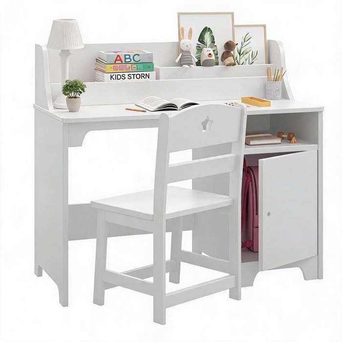 BALOVEBY Ensemble Bureau Enfant avec Chaise Ergonomique - Table dÉtude MDF avec Rangements pour 3-8 Ans  89.5*46*78 cm  Blanc