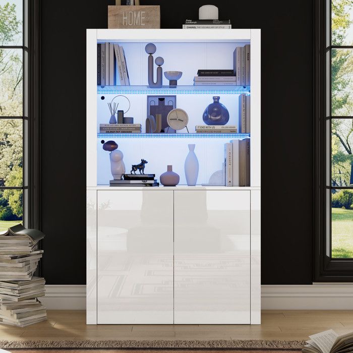 Vitrine blanche brillante - 100 x 35 x 170 cm - MDF et verre trempé - Éclairage LED - 16 couleurs - 4 effets dynamiques