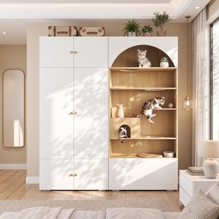 Grand Dressing Armoire Chambre Bicolore avec Arbre à Chat Intégré Bibliothèque Arche Armoire 6 Portes Blanc et Chêne 180x50x200cm Grand Dressing Armoire Chambre Bicolore avec Arbre à Chat Intégré Bibliothèque Arche Armoire 6 Portes Blanc et Chêne 180x50x200cm