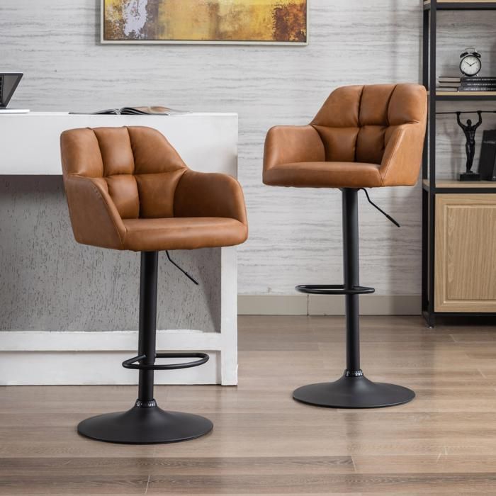 Wahson Lot de 2 Tabouret de Bar en Cuir PU Chaise de Bar Réglable Chaise Haute Cuisine pour Bar-Cuisine Marron