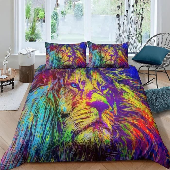 Housse De Couette 220x240cm Lion Savane - Microfibre Douce, 2 Taies