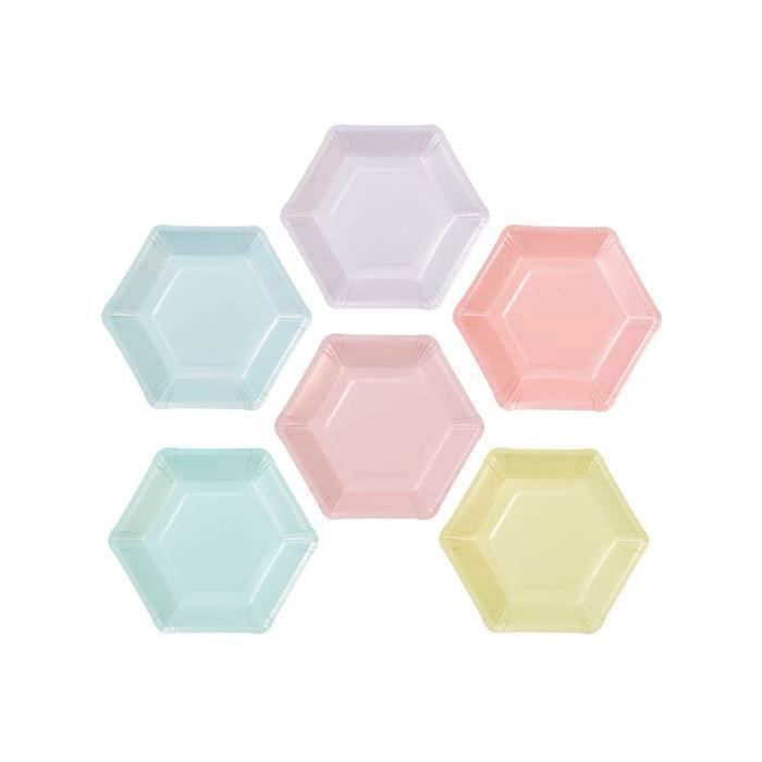 12 Petites assiettes en carton hexagonales 6 couleurs pastel 18 cm