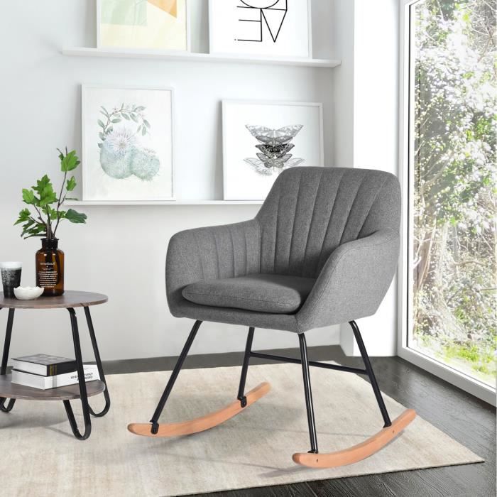 urban meuble  fauteuil à bascule design scandinave, fauteuil de loisirs pour salon, coussin et dossier en tissu gris