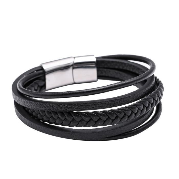 Bracelet Homme - Tressé - Cuir et Acier Inoxydable - 20.5cm - 1.5cm de Largeur - Mixte