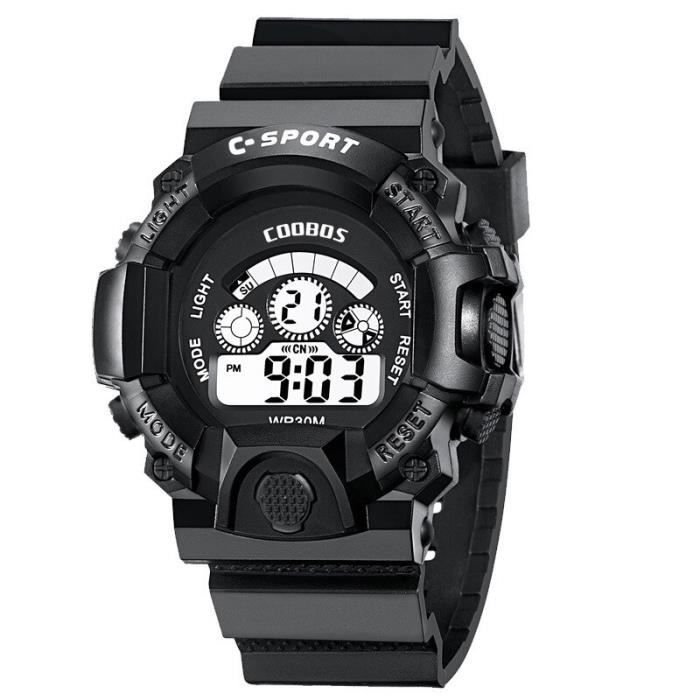 Taille le noir New Luminous Sports Fashion Men s LED Digital Watch Stainless Steel PVC Watchband Waterproof Plastic Mirror Electro Achat vente montre Cdiscount
