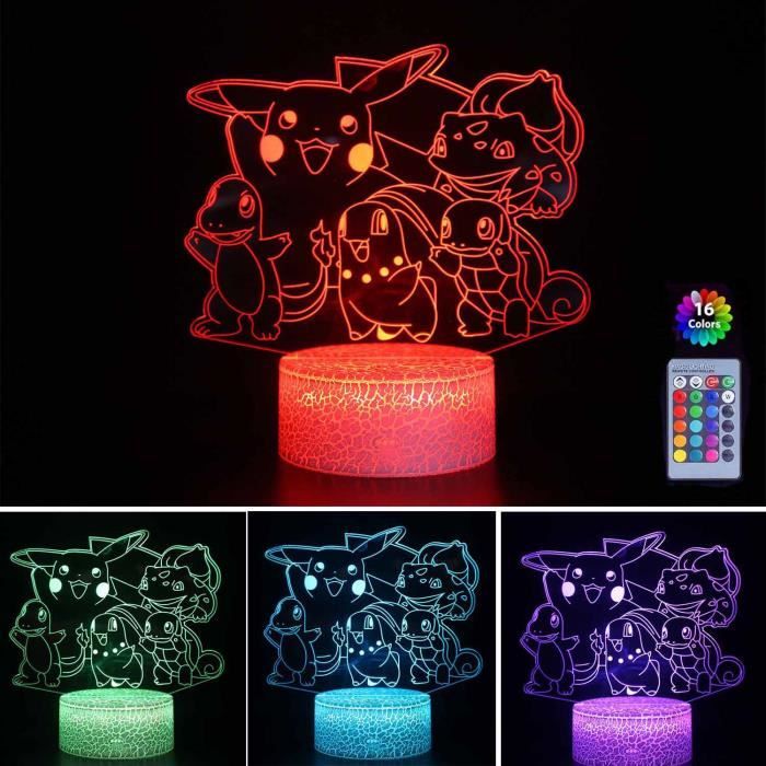 Veilleuse Lampe de nuit 3D Pokemon Pikachu Lampe de chevet LED télécommande Touche 16 Couleurs Changeantes Prise USB