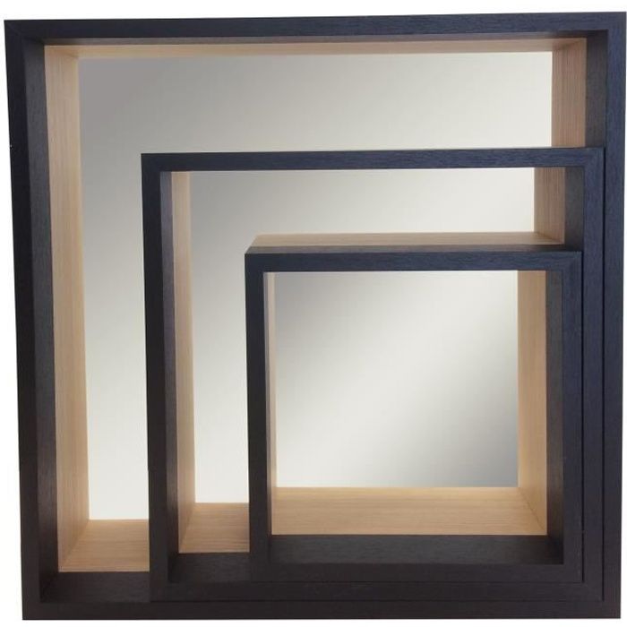 EMOTION Lot de 3 miroirs étagères en placage bois sur fond noir - 40x40 / 30x30 /22x22 cm