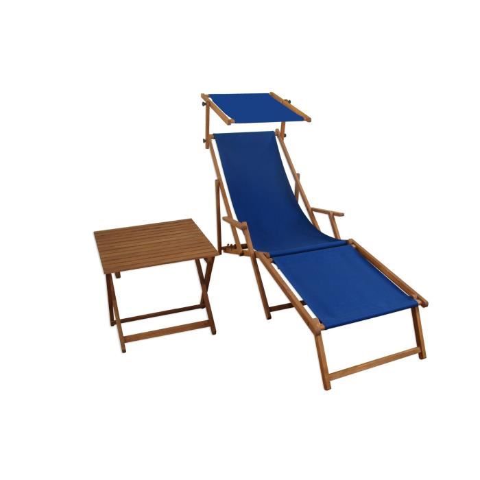 chaise longue de jardin bleue - erst-holz - 10-307fst - pliant - accoudoirs - repose-pieds - pare-soleil