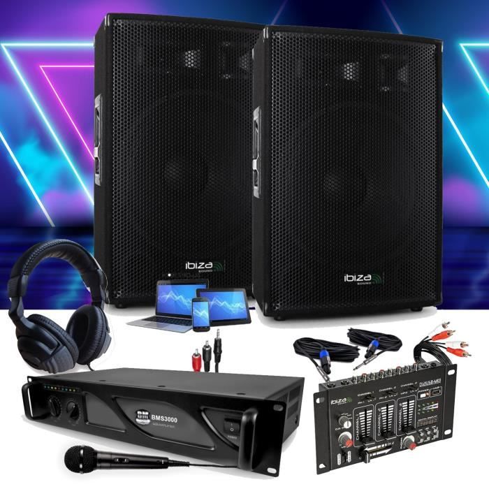 Pack Sonorisation IBIZA SOUND DISCO12B 2 Enceintes 1200W + Ampli PRO DJ 3000W + Table de Mixage DJ21 USB + CABLAGE COMPLET