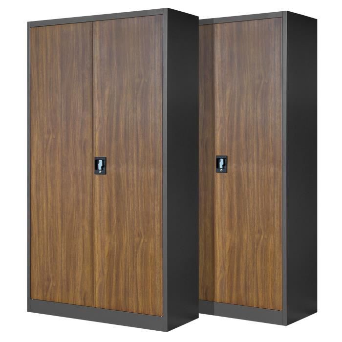 Set de 2 Armoire de Bureau métallique 4 étagères tôle dacier revêtement en Poudre 195 cm x 90 cm x 40 cm Anthracite/Imitation Bois