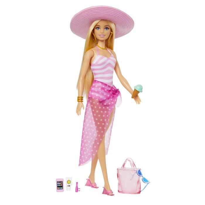 Barbie– Poupée Plage – Cheveux brun foncé, maillot violet tropical Âges 3+  