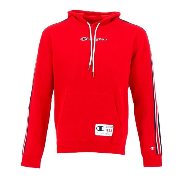 Sweat à capuche Champion - Réf. 217842-RS053. Couleur : Rouge. Détails. - Col à capuche. - Étiquette et imprimé jacquard sur la